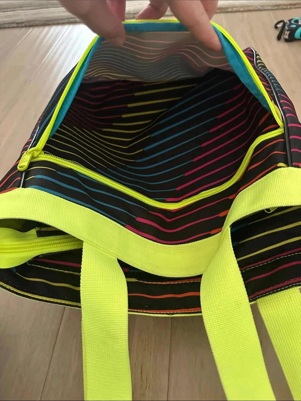 adidas Black Tote with Neon Yellow Trim and Multicolor Stripes Zip Top - Picture 2 of 9